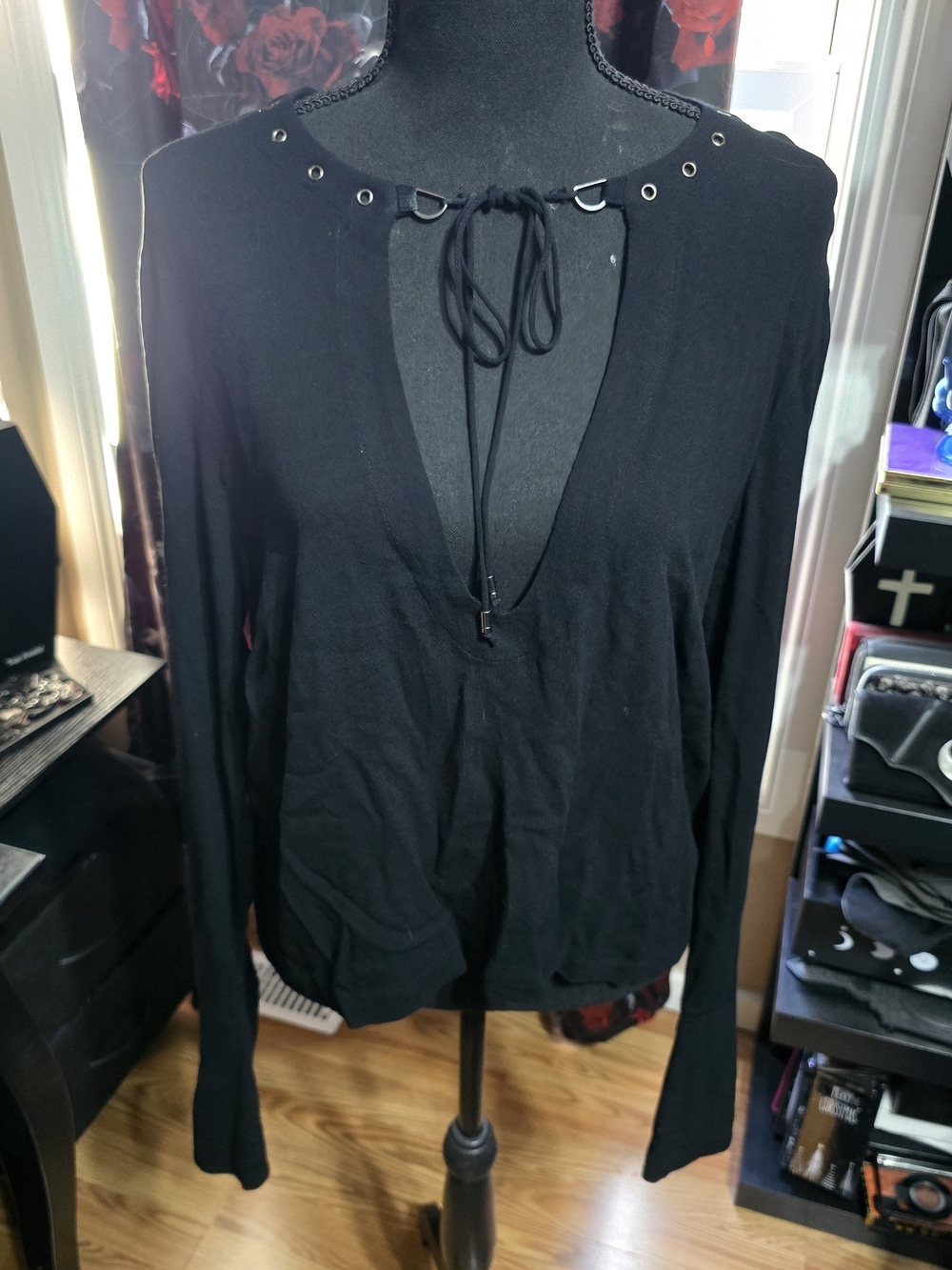 Free People "Jump To The Beat" Black Tie-Front V-Neck Long Sleeve Top